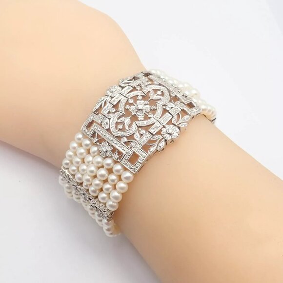 Vintage Estate 18k White Gold Diamond 7 Row 4.5mm Pearl Bracelet - Picture 4 of 15
